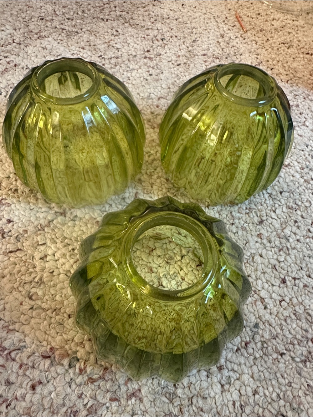 3 Green Ribbed Glass Lamp Shades - 2.25” Lip Fitter & 1.625”